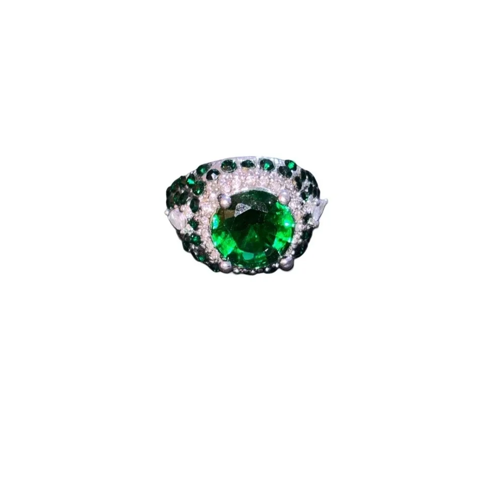 Emerald Green Crystal Cocktail Statement Ring Silver Tone Halo Pave Accent Stone